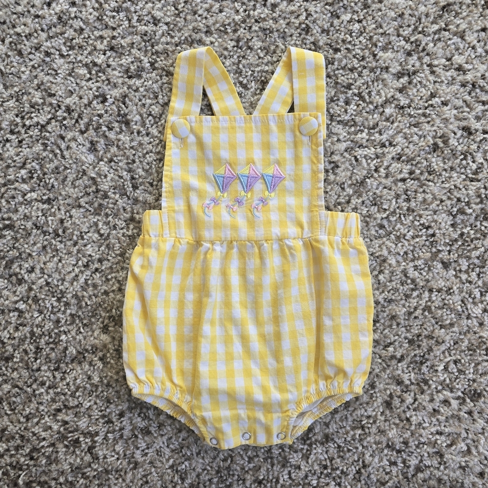Stitchy Fish In Summer Skies Embroidered Yellow Gingham Baby Bubble Romper 9M